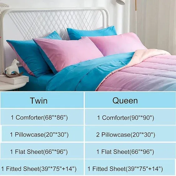 Rainbow Kids Comforter Sets for Girls, Twin Size 4-Pieces Bed in a Bag