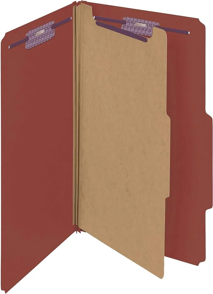 Smead Pressboard Classification File Folder with SafeSHIELD Fasteners, 1 Divider, 2" Expansion, Legal Size, Red, 10 per Box (18775)