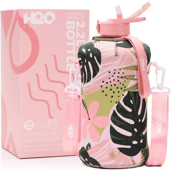 Hawaii Haven - Classic -H2O Capsule 2.2L Half Gallon Water Bottle with Storage Sleeve and covered straw lid