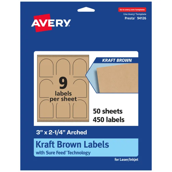 Avery® Matte Permanent Labels With Sure Feed, Print-to-the-Edge, 94126-KMP50, Arched, 3" x 2-1/4", Kraft Brown, Pack Of 450 Labels