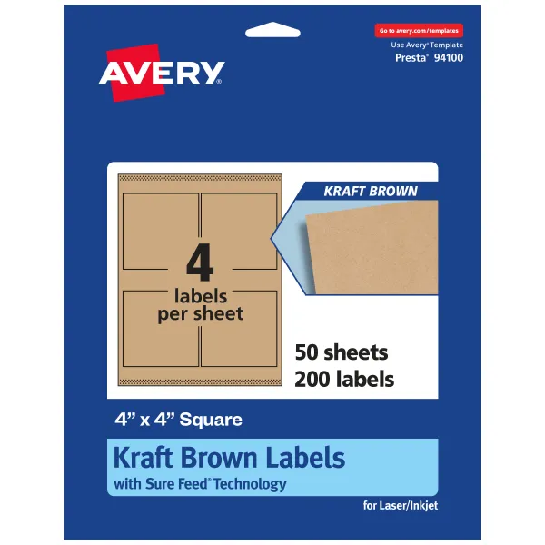 Avery® Matte Permanent Labels With Sure Feed®, 94100-KMP50, Square, 4" x 4", Kraft Brown, Pack Of 200 Labels