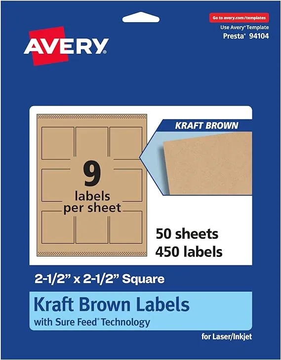 Avery Kraft Brown Square Labels with Sure Feed, 2.5" x 2.5", 450 Kraft Brown Labels, Laser/Inkjet Printable Labels