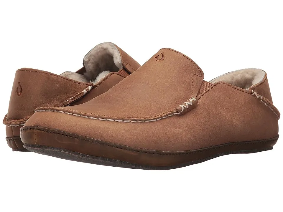 OLUKAI Moloa Slipper Men's Slippers, Premium Nubuck Leather Slip On Shoes, Shearling Lining & Gel Insert, Drop-in Heel Design