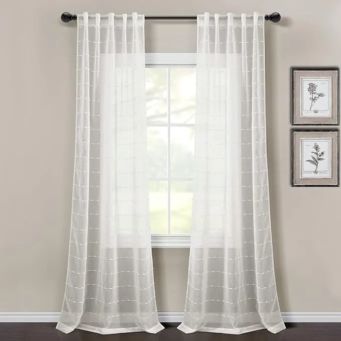 Lush Decor Farmhouse Textured Back Tab/Rod Pocket Sheer Window Curtain Panel Pair, 38"W x 84"L, White