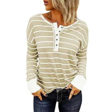 Chase Secret Womens Long Sleeve Striped Button Up Blouses Tops Waffle Casual Crew Neck Tunic Shirts Petite