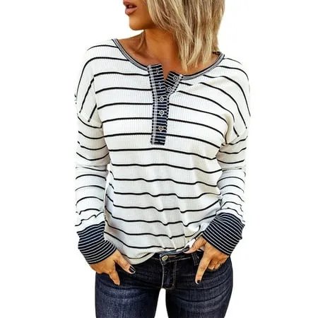 Chase Secret Women Long Sleeve Striped Button Up Blouses Tops Waffle Casual Crew Neck Tunic Shirts Petite