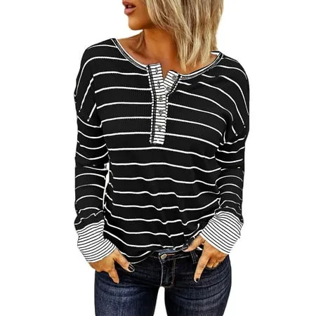 Chase Secret Womens Long Sleeve Striped Button Up Blouses Tops Waffle Casual Crew Neck Tunic Shirts Petite