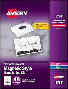 Avery - Magnetic Style Name Badge Kit, Horizontal, 4" x 3", White, 48/Pack