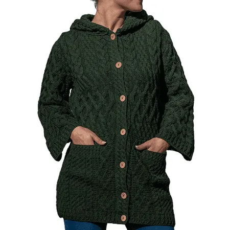 Aran Woollen Mills Button Up Hooded Cardigan Sweater 100% Premium Soft Merino Wool Women`s Long Cable Knitted Jacket Made in Ireland