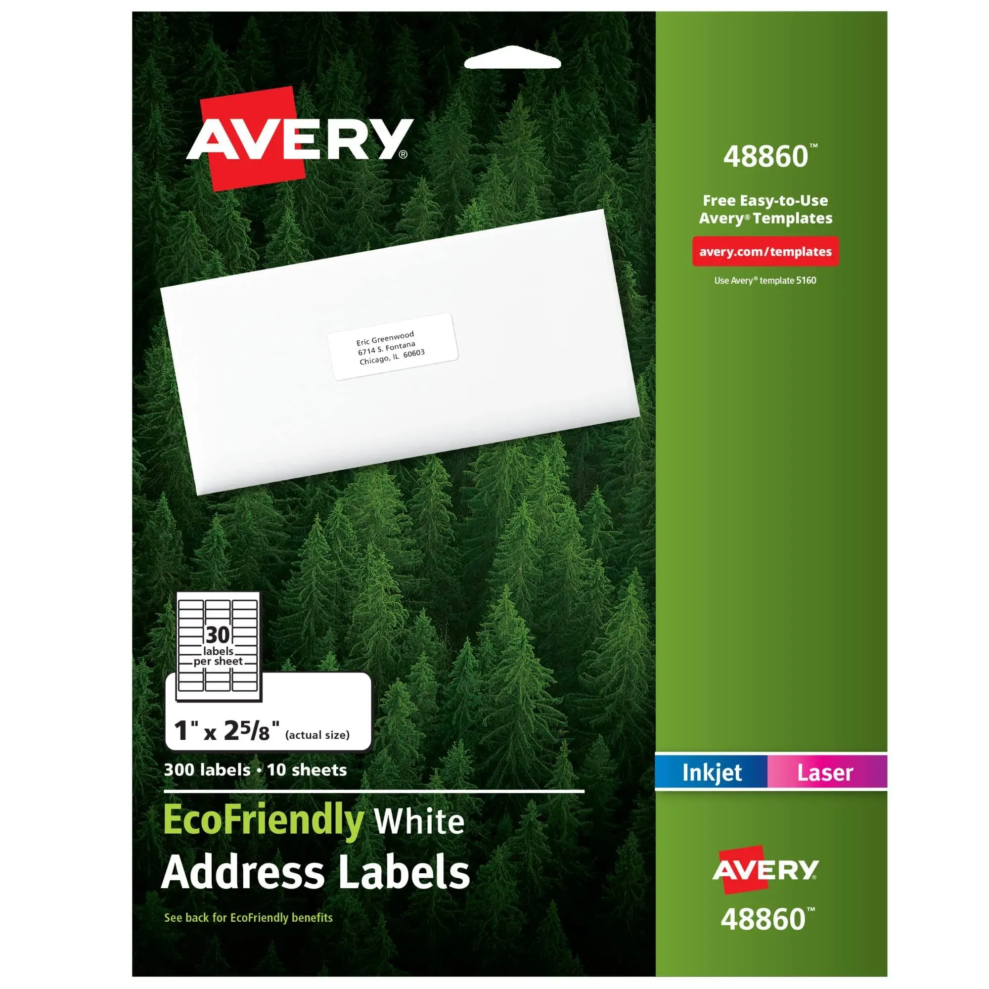 Avery EcoFriendly Recycled Address Labels, 1" x 2-5/8", White, Permanent Label Adhesive, 300 Printable Labels (48860)