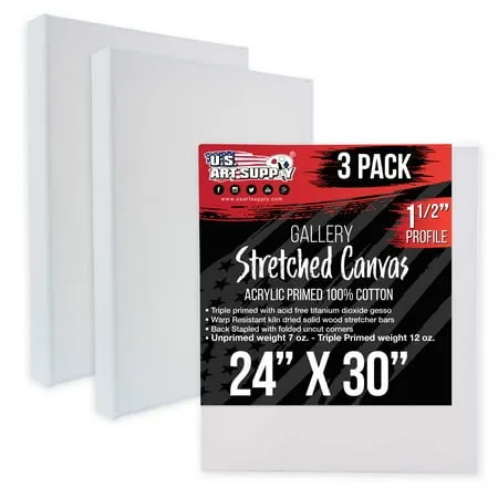 U.S. Art Supply 24 x 30 inch Gallery Depth 1-1/2" Profile Stretched Canvas, 3 ...