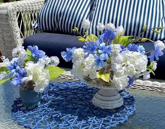 Blue and white floral centerpiece arrangement summer floral arrangement beach house table centerpiece nautical arrangement with bonus mini