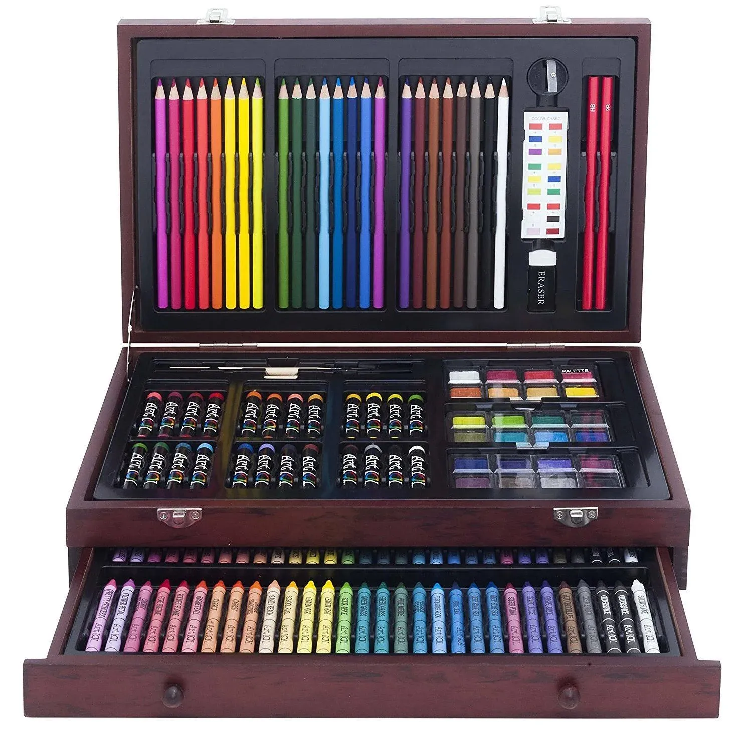 142 Pc Art Set with Colored Pencils, Crayons, Pastels, Watercolors in Wood Carrying Case