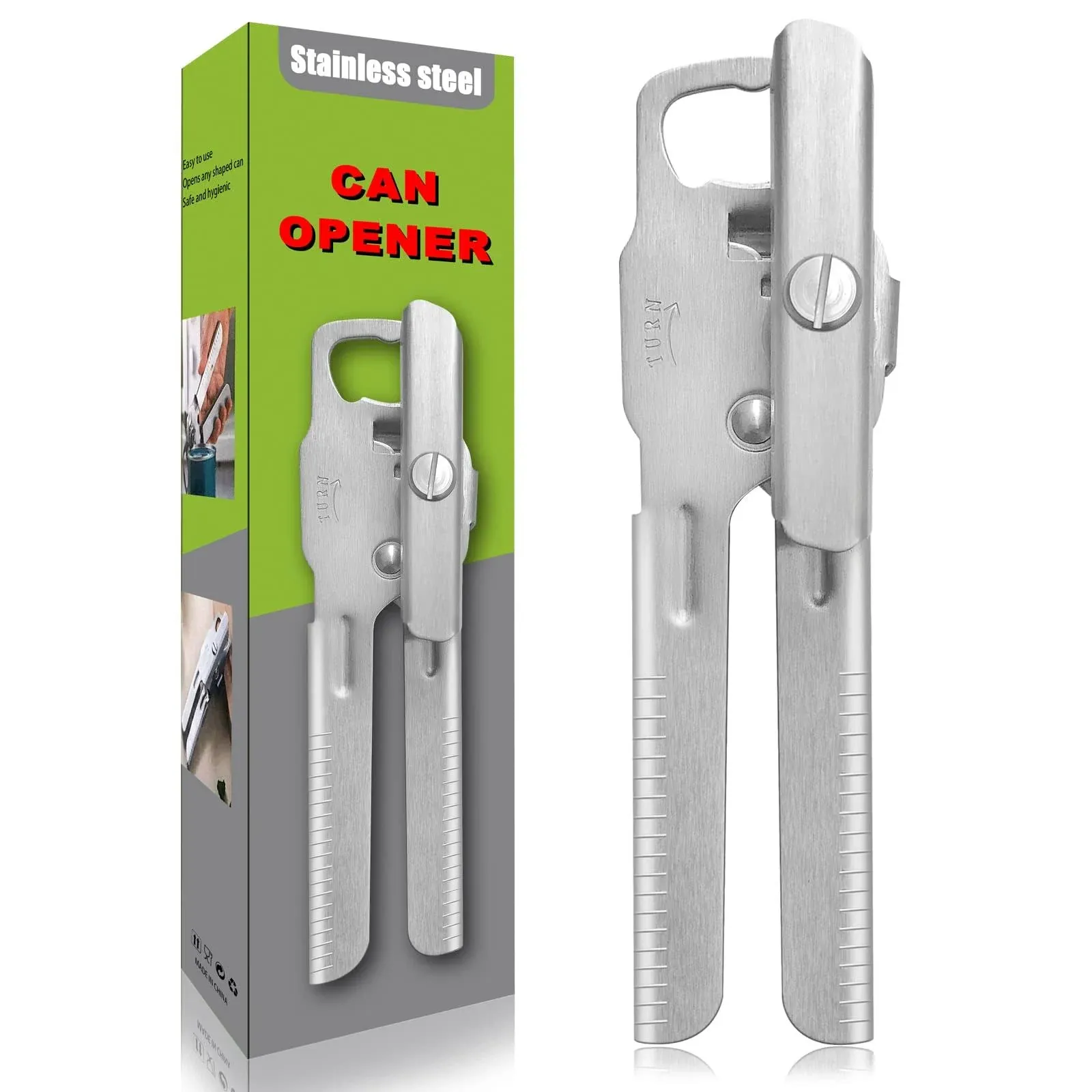 Can Opener Heavy Duty Stainless Steel Manual Can Opener Oversized Easy Turn Knob Sharp Cutting Wheel Good Grips with Built-in Bottle Opener