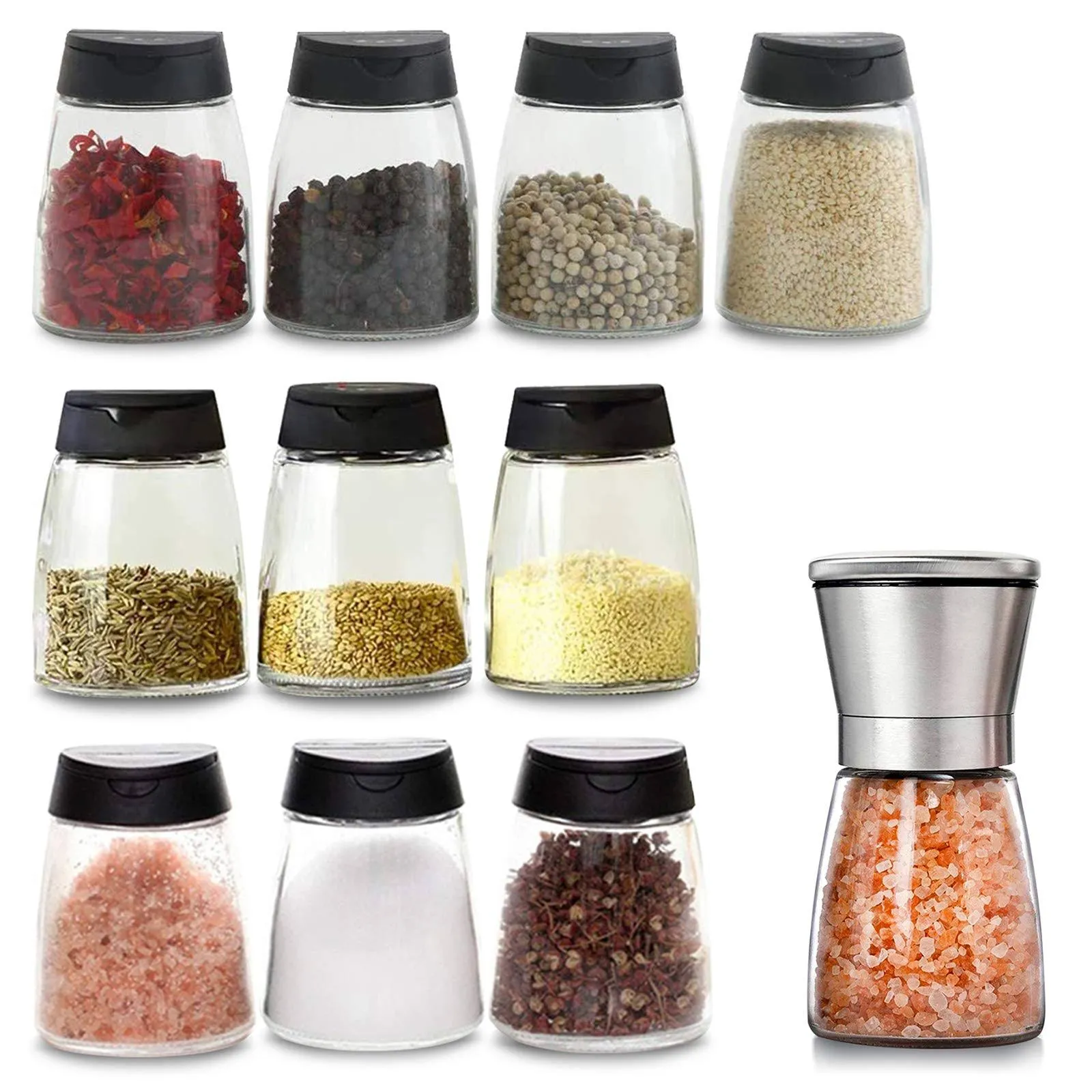 10+1PCS Glass Spice Jars with Shaker Pour Lid, Seasoning Shakers Glass Bottles Spice Shakers Salt & Pepper Shaker Container Set with Gift Grinder Fits in Home,Kitchen,Barbecue (10)