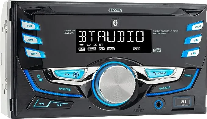 JENSEN MPR420 7 Character LCD Double DIN Car Stereo Receiver | Push to Talk Assistant | Bluetooth Hands Free Calling & Music Streaming | AM/FM Radio | USB Playback & Charging | Not a CD player