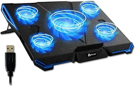 KLIM Cyclone Laptop Cooling Pad with 5 Quiet Fans - New 2023 - Gaming Laptop Cooling Pad - Stable Laptop Stand with Fan - Compatible up to 17"- 5 Year Warranty - PC Mac PS5 PS4 Xbox One - Black Blue