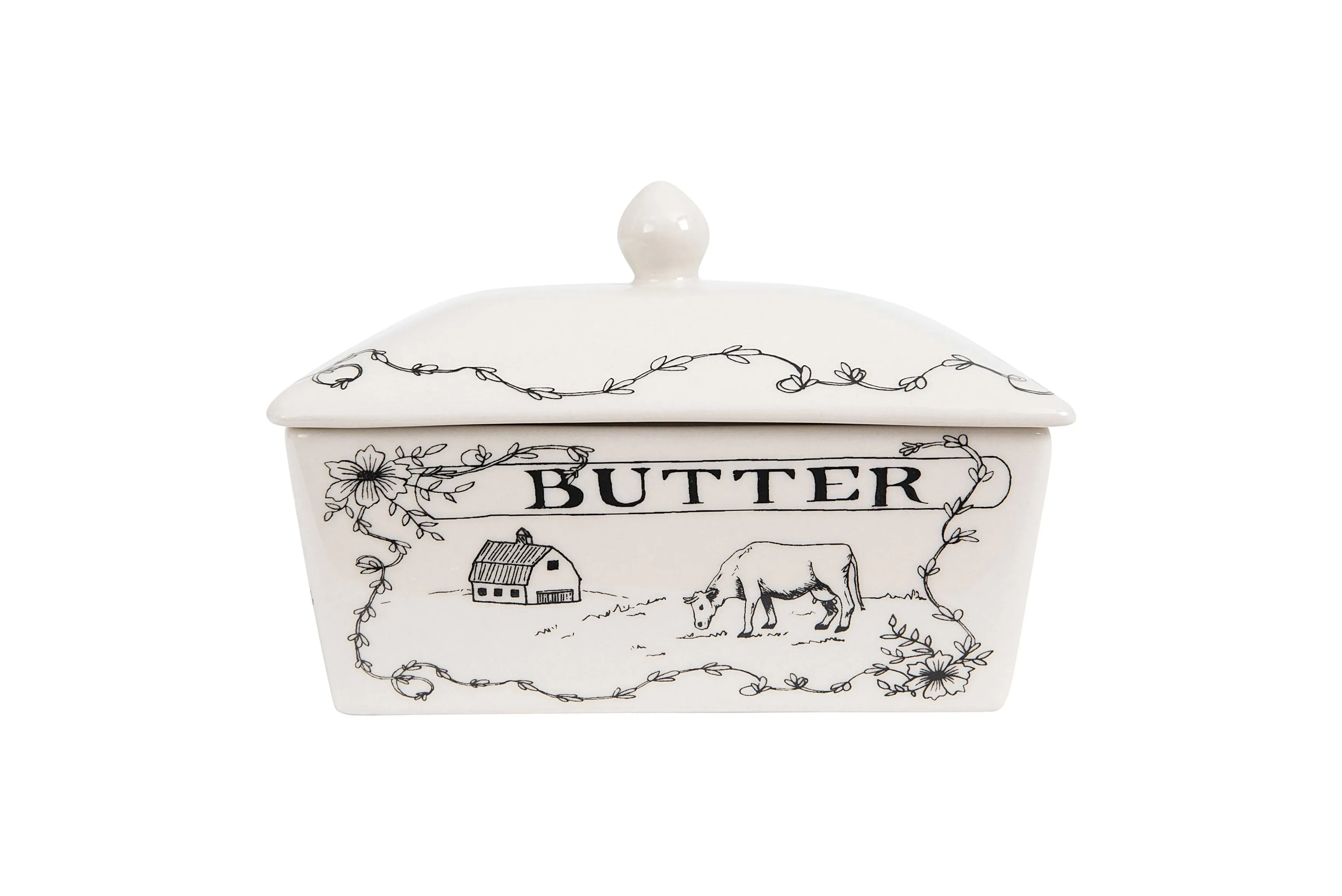 Creative Co-Op Country Stoneware Butter Dish with Lid, "Spread the Love" Message, and Farm Line Drawing, White and Black