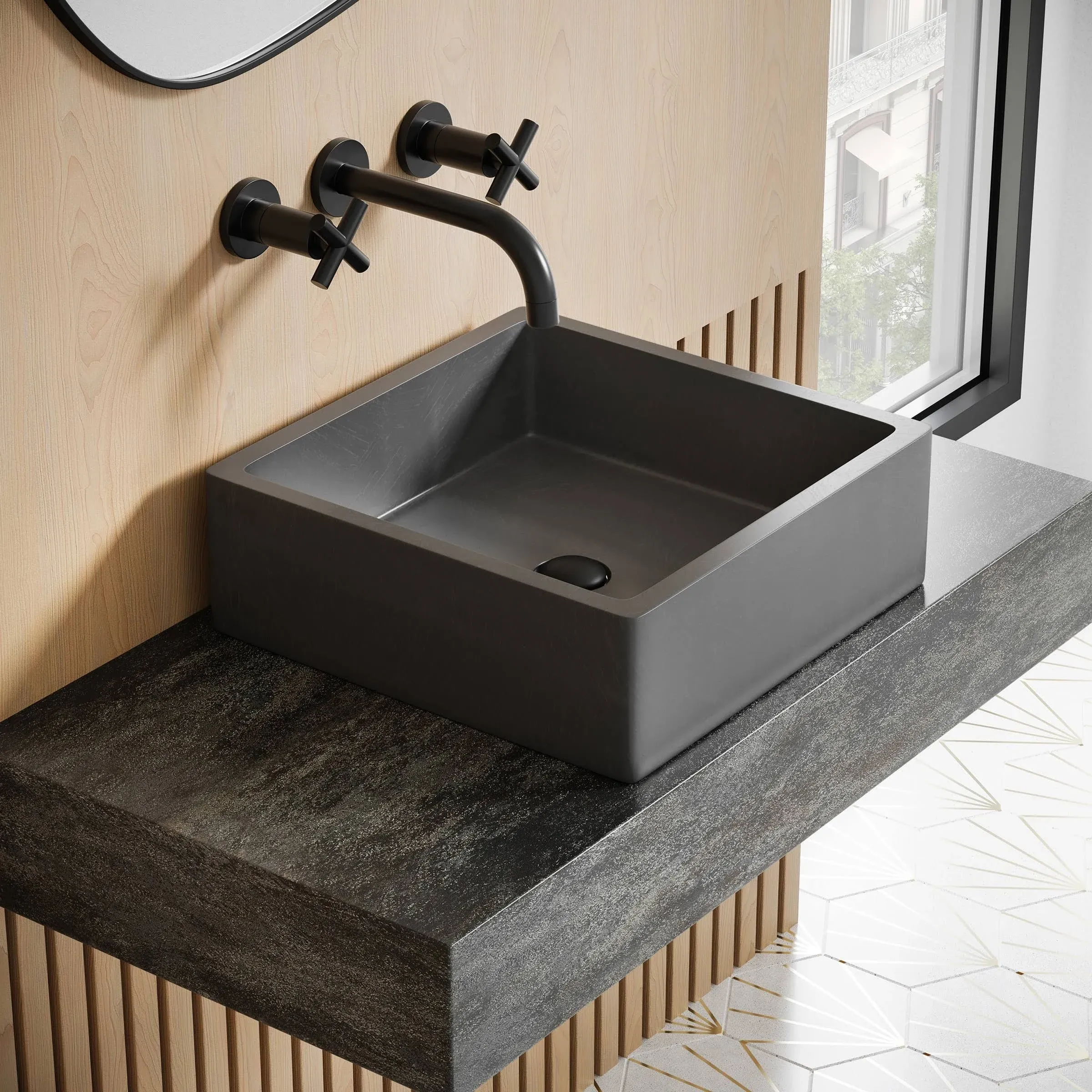 Lisse 15" Square Concrete Vessel Bathroom Sink, Dark Gray - Industrial - Bathroom Sinks - by Swiss Madison | Houzz