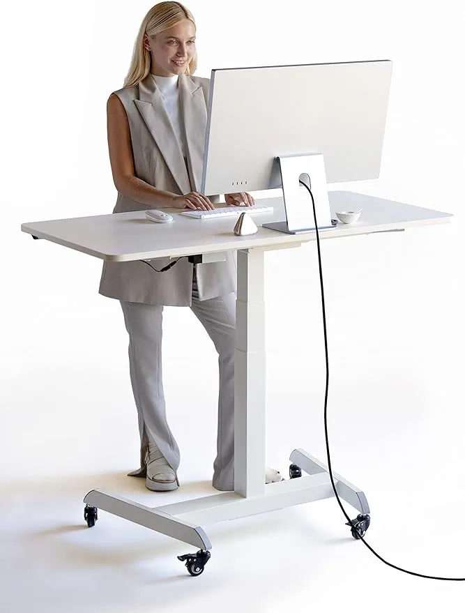 Spacious and Automatic Height Adjustable 47.3 Inch Mobile Workstation Table for Home Office or Office Desk, Sit to Stand Up Tabletop Computer and Monitor Desk, White