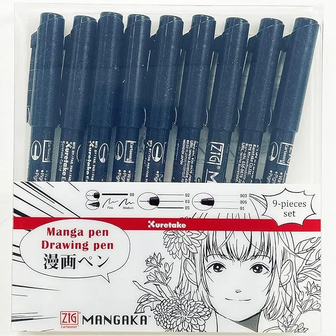 Kuretake Manga pens Drawing pens for Artist Sketching Anime Manga Comic ZIG Cartoonist 9 Set Black 0.03 0.05 0.1 0.2 0.3 0.5 0.8 Fine Medium