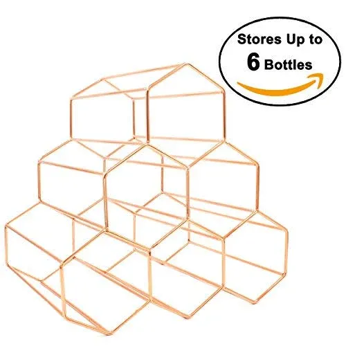 Buruis 6 Bottles Metal Wine Rack, Countertop Free-Stand Wine Storage Holder, Space Saver Protector for Red & White Wines - Rosegold