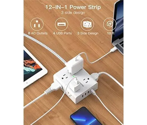 Extension Cord 10 Ft, Surge Protector Power Strip - 8 Widely Outlets 4 USB Ports ...