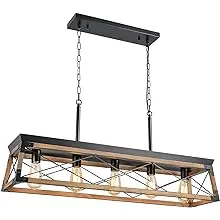 Airposta Farmhouse Rustic Wood Chandelier, 5 Lights Metal Rectangle Dining Ro...