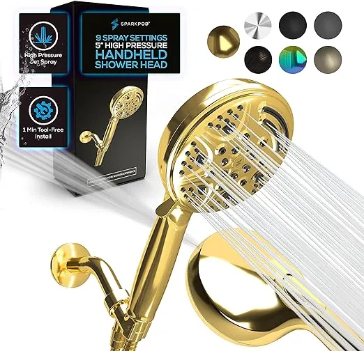 SparkPod 5 Inch 9 Spray Setting Shower Head - Handheld High Pressure Jet with On/Off Switch, Pause and Waterfall Setting- Premium ABS Removable Handheld Shower Head with Hose (Gold)