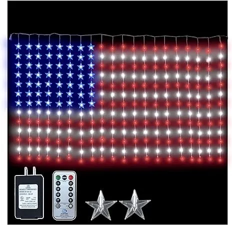 Russell Decor American Patriotic Flag Lights Curtain Lights with Stars Outdoor Indoor Waterproof Festival Party Red White Blue (6 ft x 3.5 ft)