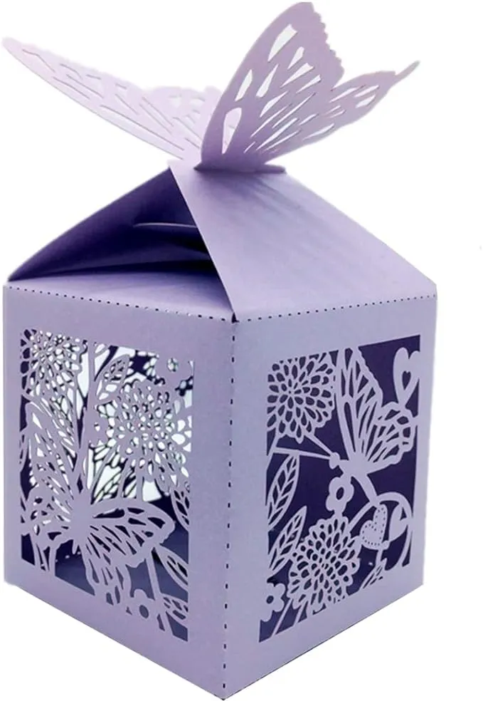 the love 50 Pcs Laser Cut Flowers and Butterflies Creative Chocolate Box Wedding Favors Candy Boxes Gifts Box Marriage Party Decors (LT. Purple)