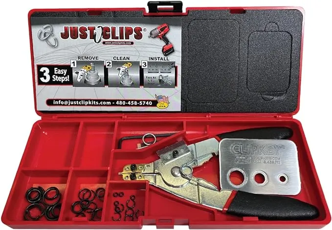 Snap Ring Tool Kit with clips and o-rings, snap ring pliers and the All-New Patented ClipKey. The only Installation Tool that works with 1/4", 3/8" & 1/2" Snap Rings.