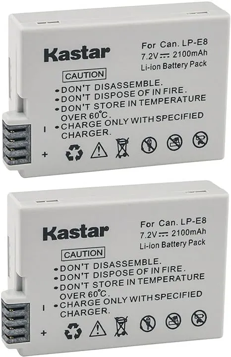 Kastar LPE8 Battery (2-Pack) Compatible with Canon LP-E8, LC-E8E, BG-E8 and Canon EOS 550D, EOS 600D, EOS 700D, EOS Rebel T2i, EOS Rebel T3i, EOS Rebel T4i, EOS Rebel T5i Camera