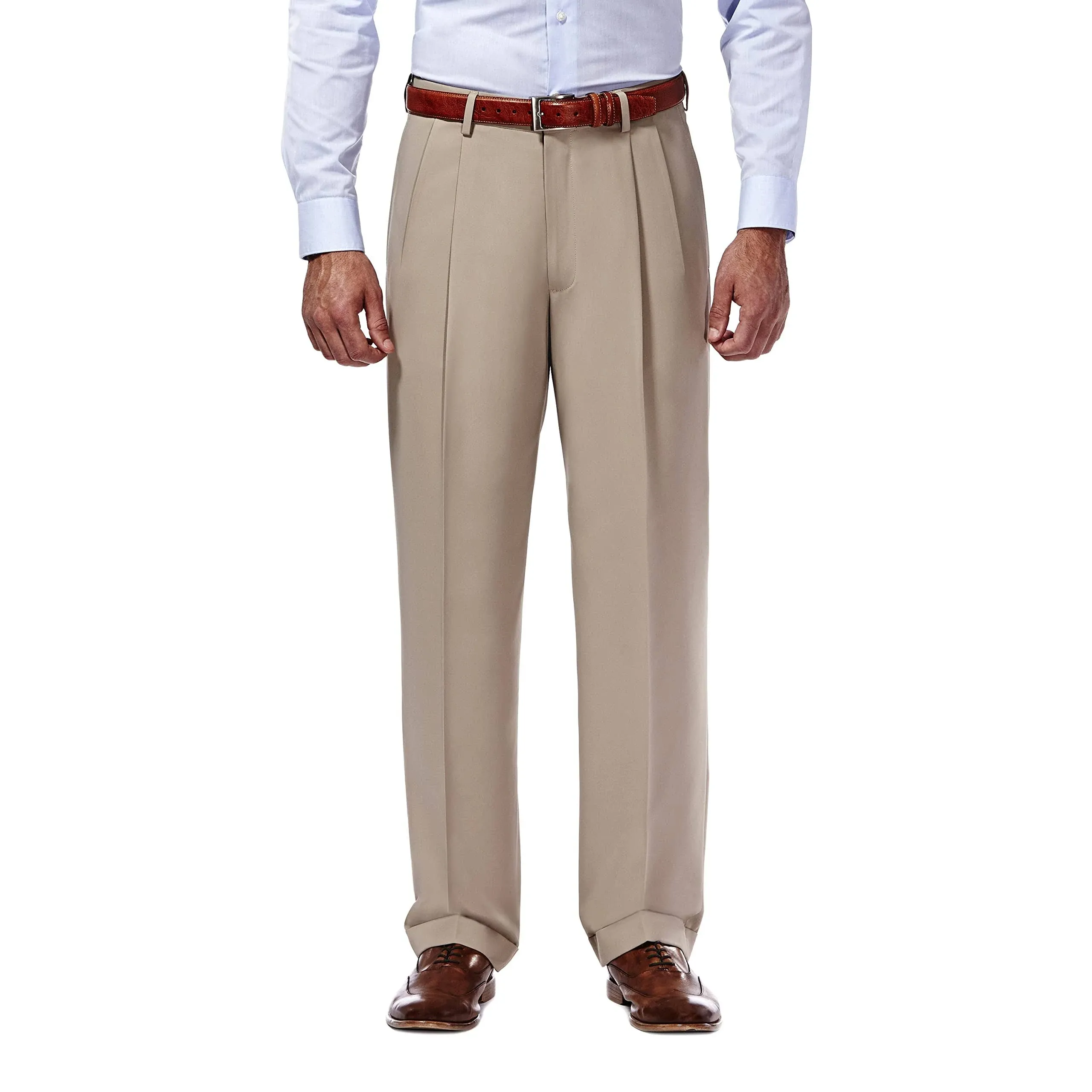 Haggar Men's Mynx Gabardine Pleat-Front Dress Pant with Hidden Expandable Waist