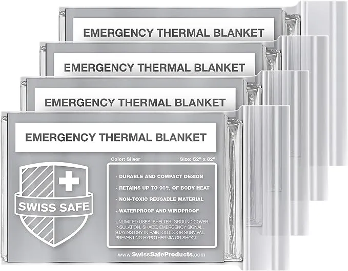 Swiss Safe 4 Pack Mylar Emergency Blankets for Survival - Compact & Insulated for Cold Weather - Designed for NASA, Outdoor, Running, Camping, Survival, First Aid Car Kit - Woodland Camo, 4 Pack