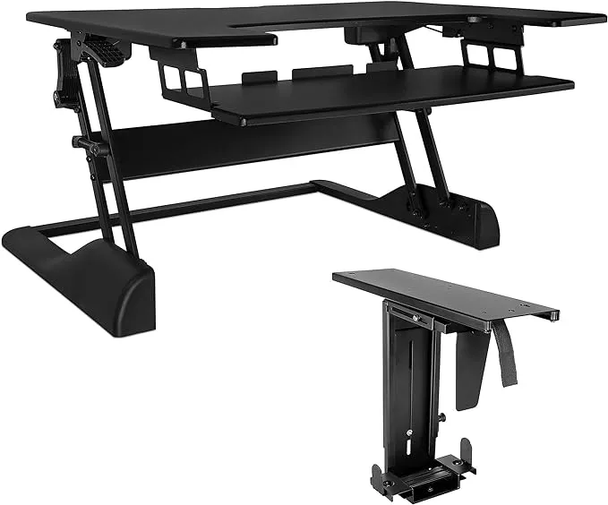 Mount-It! Height Adjustable Standing Desk Converter | 48” Wide Tabletop Sit Stand Desk Riser with Gas Spring Bundled With Adjustable Under Desk CPU Holder with Sliding Track, 22 Lb Load Capacity