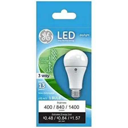 GE Lighting 24096 Daylight Replacement A21 Bulb Medium Base, 3-Way LED 30/70/100-Watt, 1 Count (Pack of 1)