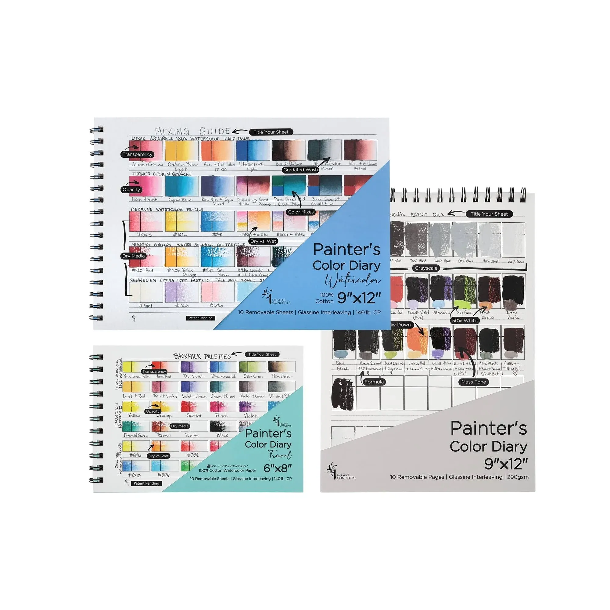 HG Art Concepts Painters Color Diary - 9x12" Spiral-Bound Acid-Free Color Swatch Book - Oil/Acrylic & Watercolor/Multimedia Bundle