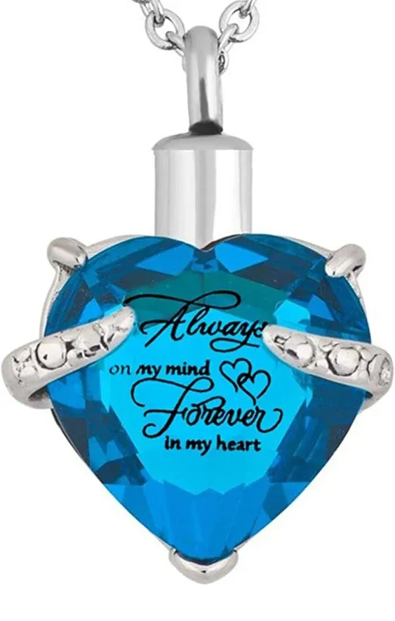 Heart Cremation Urn Necklace for Ashes Urn Jewelry Memorial Pendant with Fill Kit and Gift Box - Always on My Mind Forever in My Heart