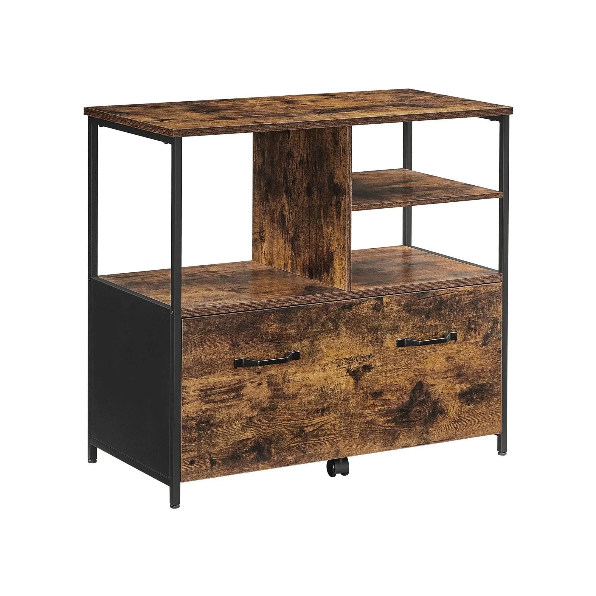 The Vasagle Lateral File Cabinet In Rustic Brown And Black Has Open Shelves And