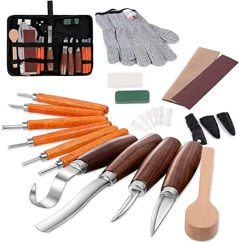 Wood Carving Tools Set,Detail and Hook Carving Knife Kit for Beginners,Trimming Knife for Spoon Bowl Cup Woodwork,Round Handle Design and 6pcs SK2