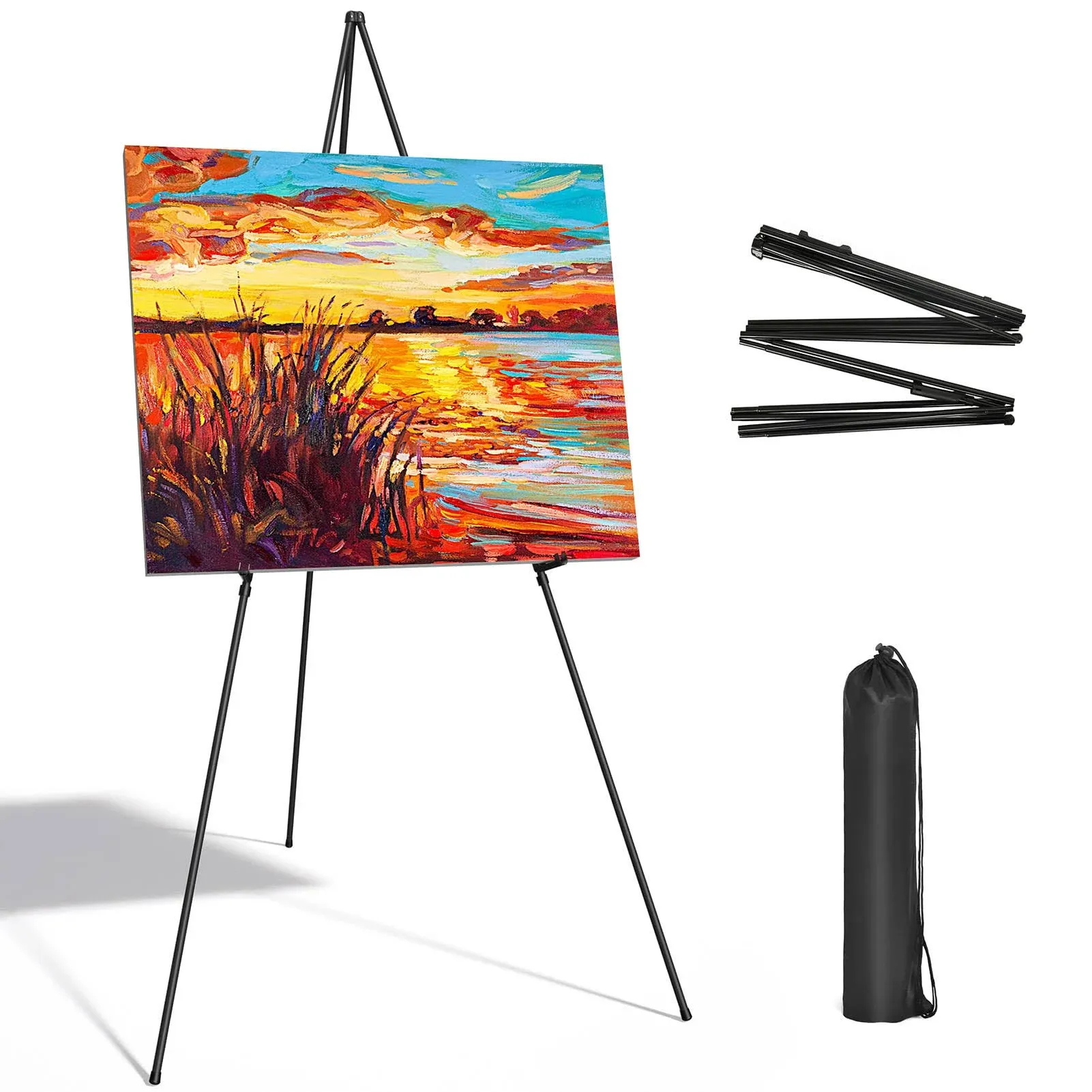 SunyesYoon Display Black Easel Stand for Wedding Sign - Artist Instant Tripod Collapsible Portable Floor Easel for Posters- 63" Adjustable Easy