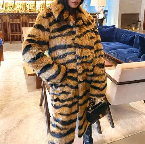  Faux Tiger Fur Clothing Eco-friendly Fur Coat Casual Long Style Tiger Stripe