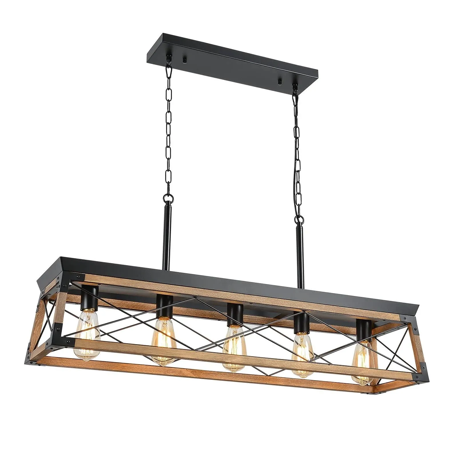  Farmhouse Rustic Wood Chandelier, 5 Lights Metal Rectangle Dining 38x9.5x7.9&#034;