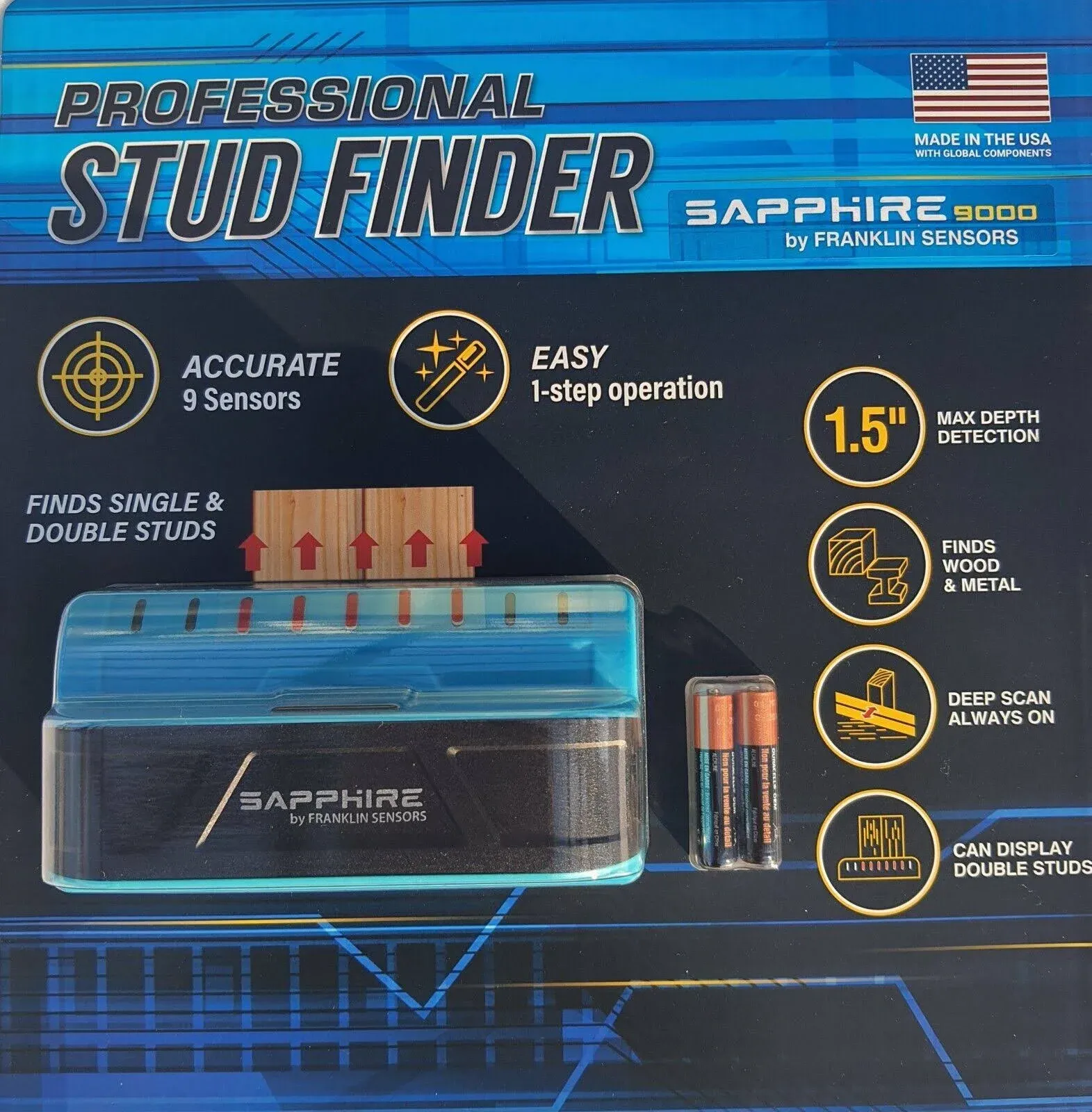 Franklin Sensors Professional Stud Finder Sapphire 9000 USA Made Batteries (B)