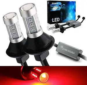 Syneticusa 3157 Error Free Canbus Ready Red LED Brake Parking Tail Stop Turn Signal Light Bulbs DRL Parking Lamp No Hyper Flash All in One With Built-In Resistors