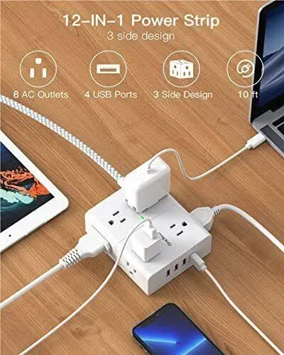 Extension Cord 10 Ft, Surge Protector Power Strip - 8 Widely Outlets 4 USB 