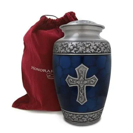 Cross Urn - Urns for Human Ashes Adult - Blue Sacred Cross Memorial Urns for Human Ashes - Decorative Urns - Cremation Urn for Adult Ashes - 200LB Urn for Ashes with Bag