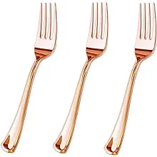 JL Prime 50 Piece Rose Gold Plastic Forks Bulk Set, Rose Gold Reusable Plastic Cutlery Set, Heavy Duty Utensils for Party & Wedding, Disposable Rose Gold Flatware, Rose Gold Plastic Forks 50 Pack