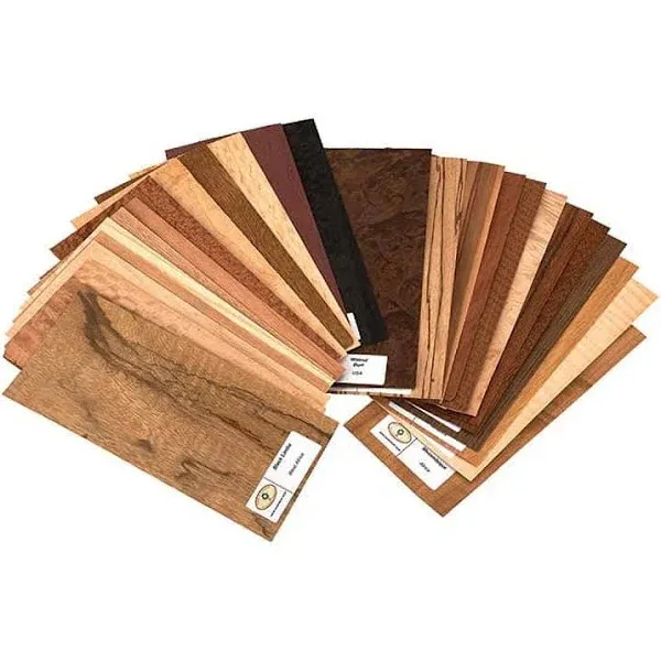 Sauers Exotic Species Wood Identification Kit & Wood Veneer Sample Pack - 4 inch x 9 inch 25 Pieces